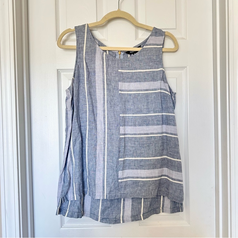 Ellen Tracy Linen Chambray Sleeveless Top Zip Back EUC size Large Light Blue